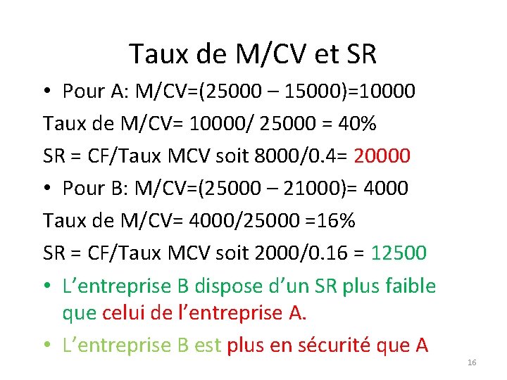 Taux de M/CV et SR • Pour A: M/CV=(25000 – 15000)=10000 Taux de M/CV=