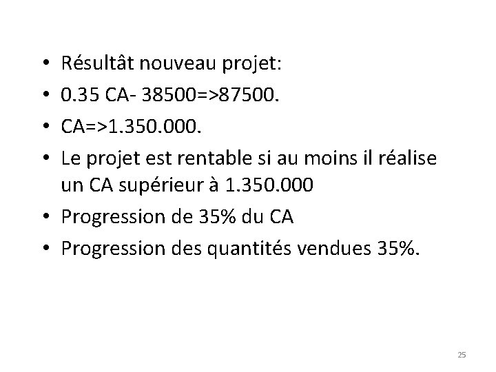 Résultât nouveau projet: 0. 35 CA- 38500=>87500. CA=>1. 350. 000. Le projet est rentable