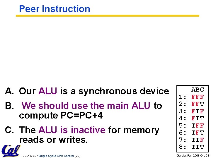 Peer Instruction A. Our ALU is a synchronous device B. We should use the
