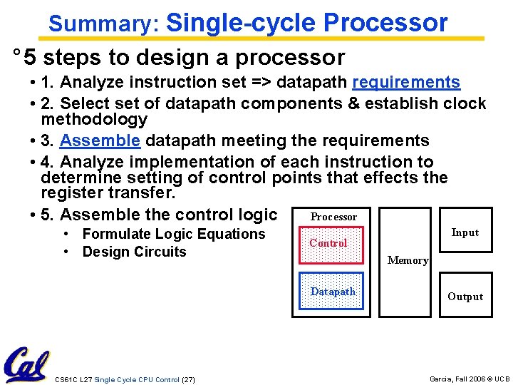 Summary: Single-cycle Processor ° 5 steps to design a processor • 1. Analyze instruction