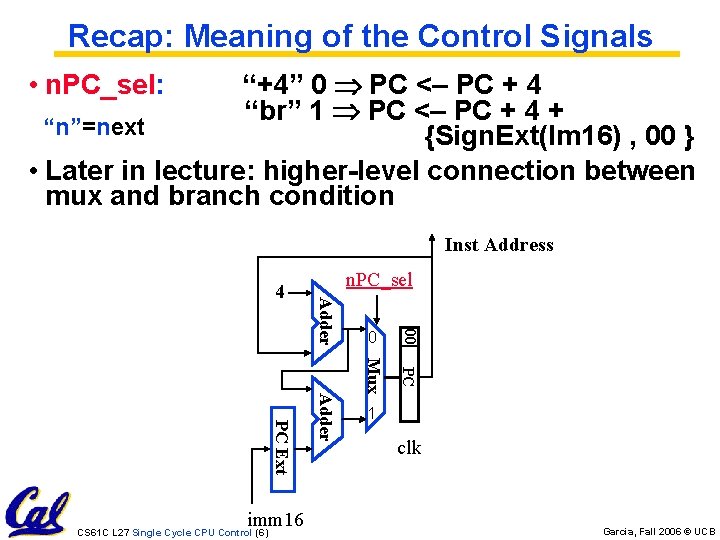 Recap: Meaning of the Control Signals “+4” 0 PC <– PC + 4 “br”