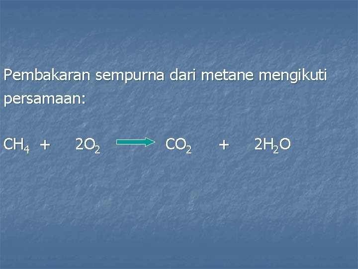 Pembakaran sempurna dari metane mengikuti persamaan: CH 4 + 2 O 2 CO 2