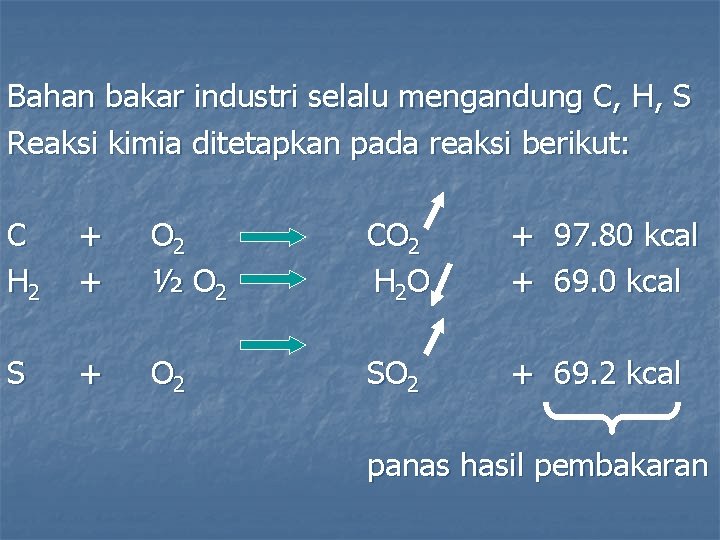 Bahan bakar industri selalu mengandung C, H, S Reaksi kimia ditetapkan pada reaksi berikut: