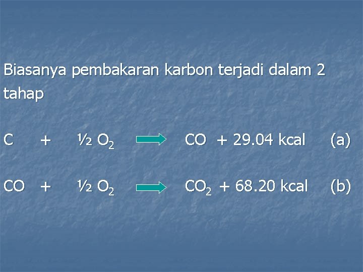 Biasanya pembakaran karbon terjadi dalam 2 tahap C + ½ O 2 CO +
