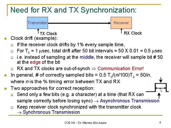 Need for RX and TX Synchronization: Transmitter Receiver RX Clock TX Clock n n