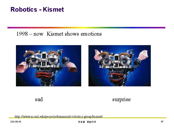 Robotics - Kismet 1998 – now Kismet shows emotions sad surprise http: //www. ai.