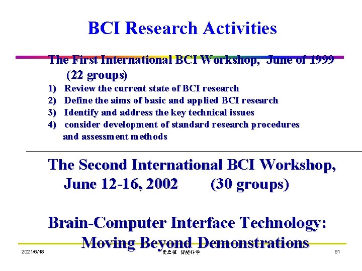 BCI Research Activities The First International BCI Workshop, June of 1999 (22 groups) 1)
