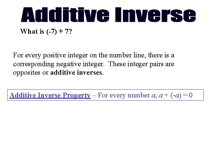 What is (-7) + 7? For every positive integer on the number line, there