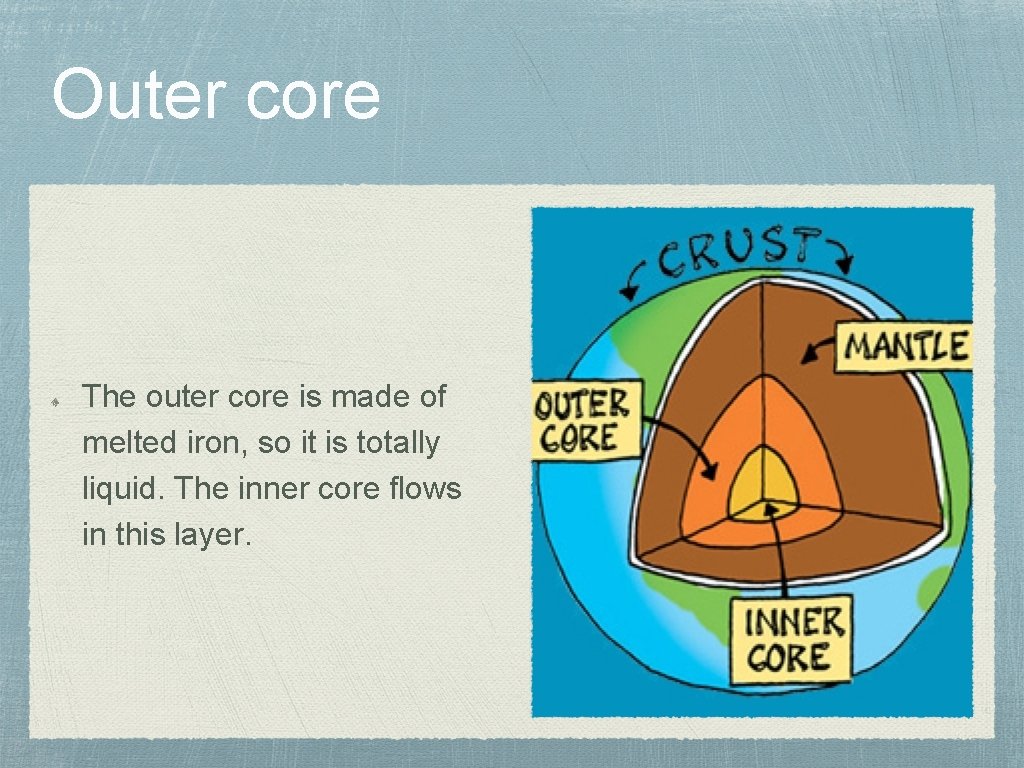 Outer core The outer core is made of melted iron, so it is totally