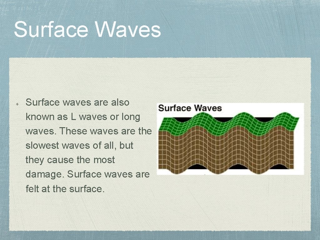 Surface Waves Surface waves are also known as L waves or long waves. These