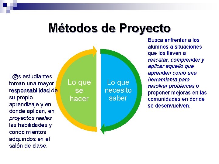 Métodos de Proyecto L@s estudiantes toman una mayor responsabilidad de su propio aprendizaje y