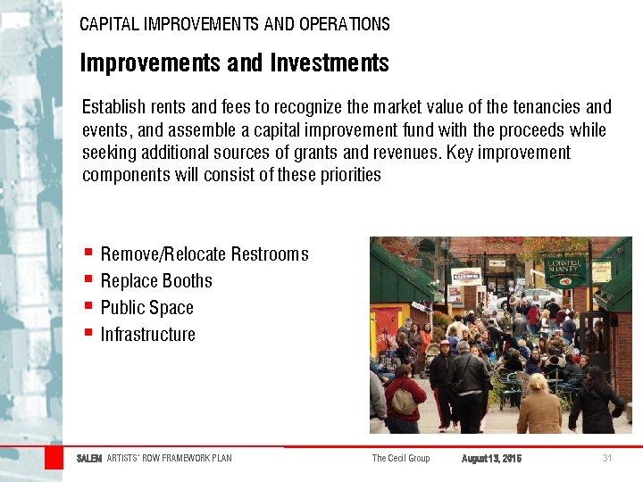 CAPITAL IMPROVEMENTS AND OPERATIONS Improvements and Investments Establish rents and fees to recognize the CAPITAL IMPROVEMENTS AND OPERATIONS Improvements and Investments Establish rents and fees to recognize the