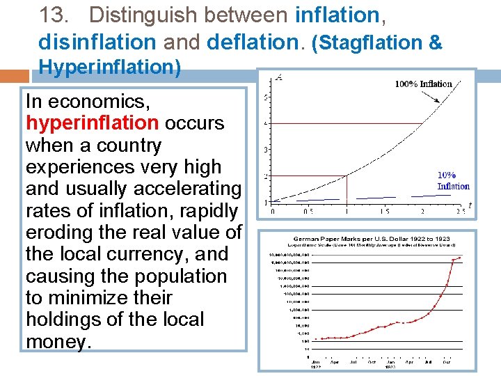 13. Distinguish between inflation, disinflation and deflation. (Stagflation & Hyperinflation) In economics, hyperinflation occurs