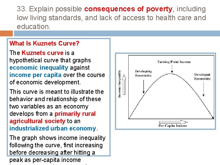 33. Explain possible consequences of poverty, including low living standards, and lack of access