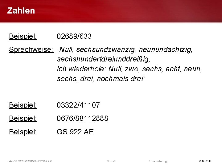 Zahlen Beispiel: 02689/633 Sprechweise: „Null, sechsundzwanzig, neunundachtzig, sechshundertdreiunddreißig, ich wiederhole: Null, zwo, sechs, acht,