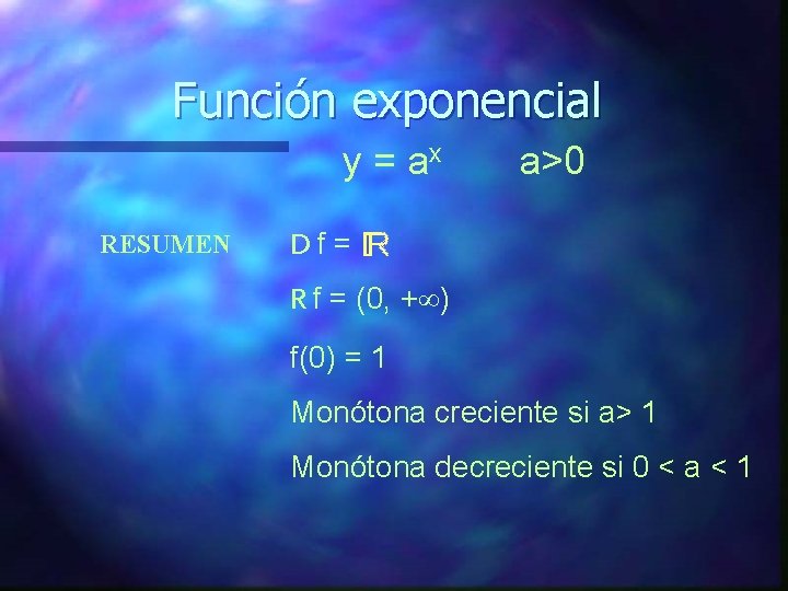 Función exponencial y = ax RESUMEN a>0 Df = R f = (0, +