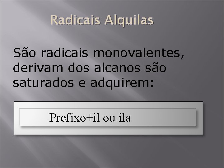 Radicais Alquilas São radicais monovalentes, derivam dos alcanos são saturados e adquirem: Prefixo+il ou