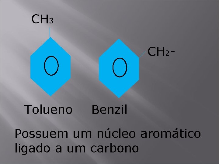 CH 3 CH 2 - Tolueno Benzil Possuem um núcleo aromático ligado a um