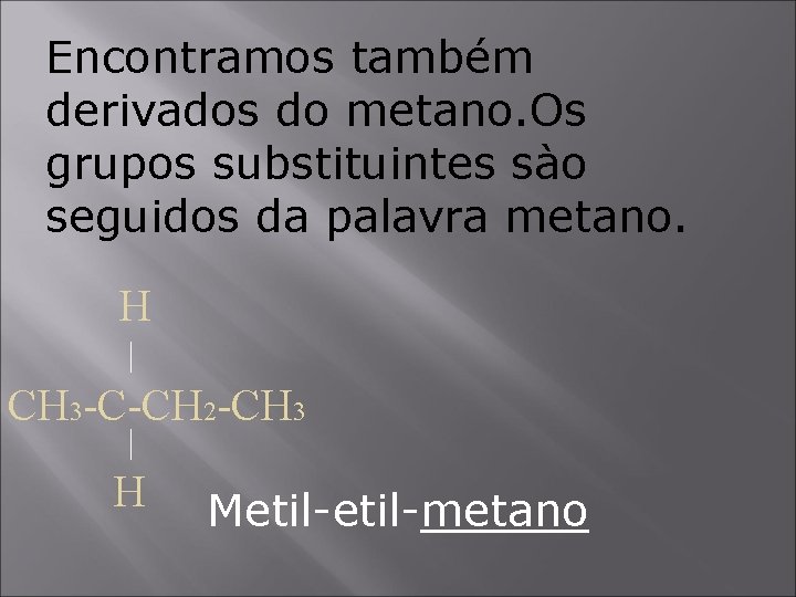 Encontramos também derivados do metano. Os grupos substituintes sào seguidos da palavra metano. H