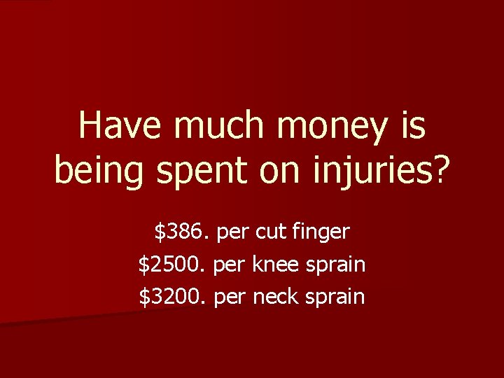 Have much money is being spent on injuries? $386. per cut finger $2500. per