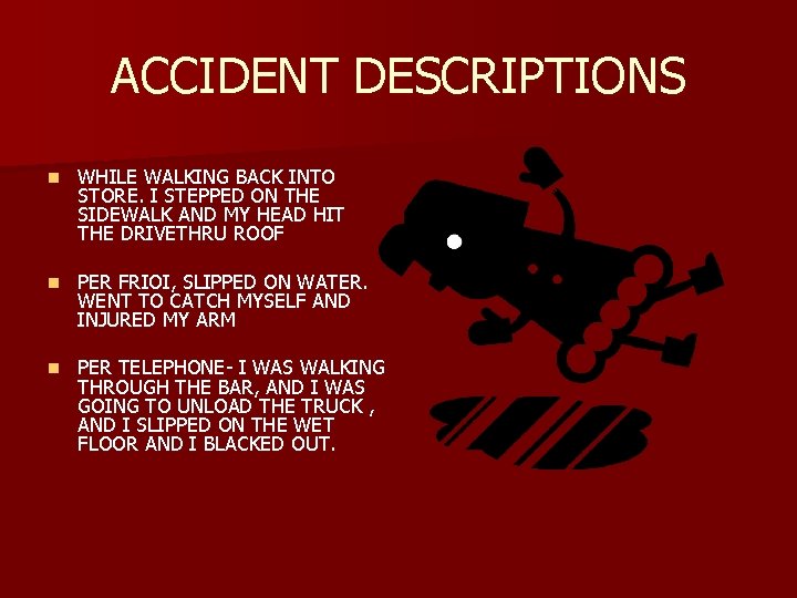 ACCIDENT DESCRIPTIONS n WHILE WALKING BACK INTO STORE. I STEPPED ON THE SIDEWALK AND