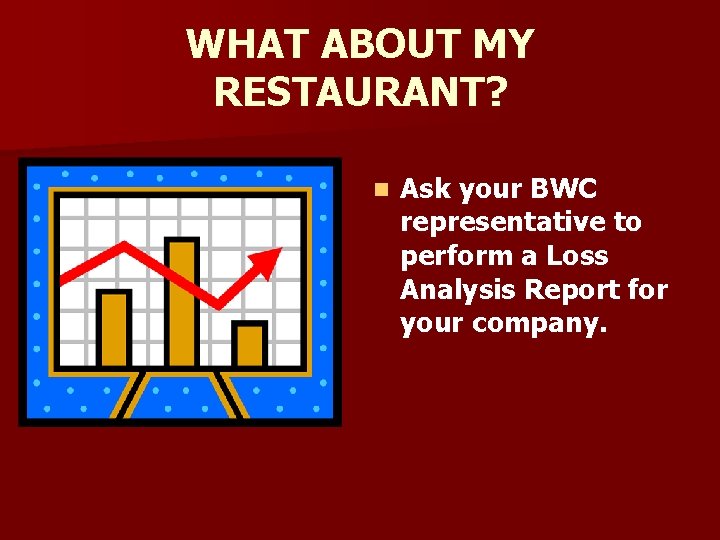 WHAT ABOUT MY RESTAURANT? n Ask your BWC representative to perform a Loss Analysis