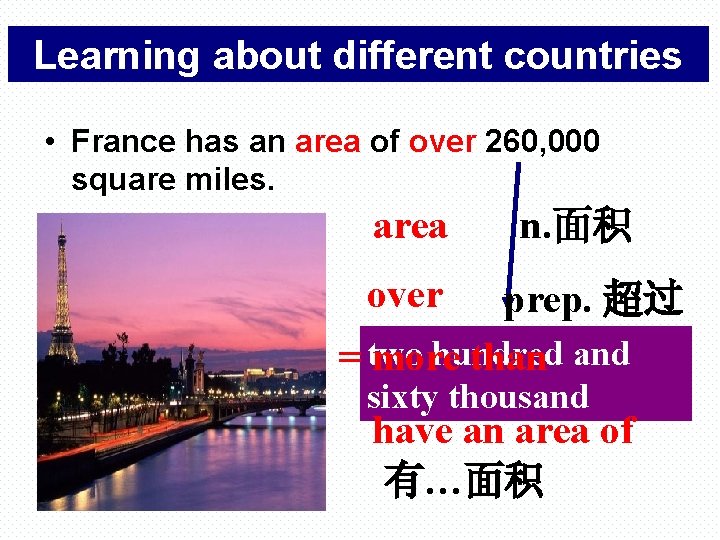 Learning about different countries • France has an area of over 260, 000 square