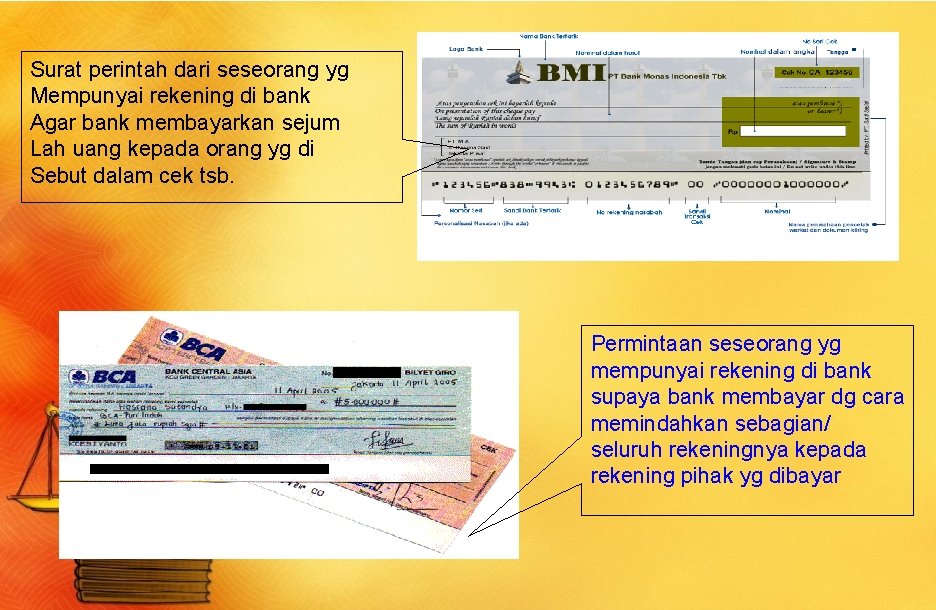 Surat perintah dari seseorang yg Mempunyai rekening di bank Agar bank membayarkan sejum Lah