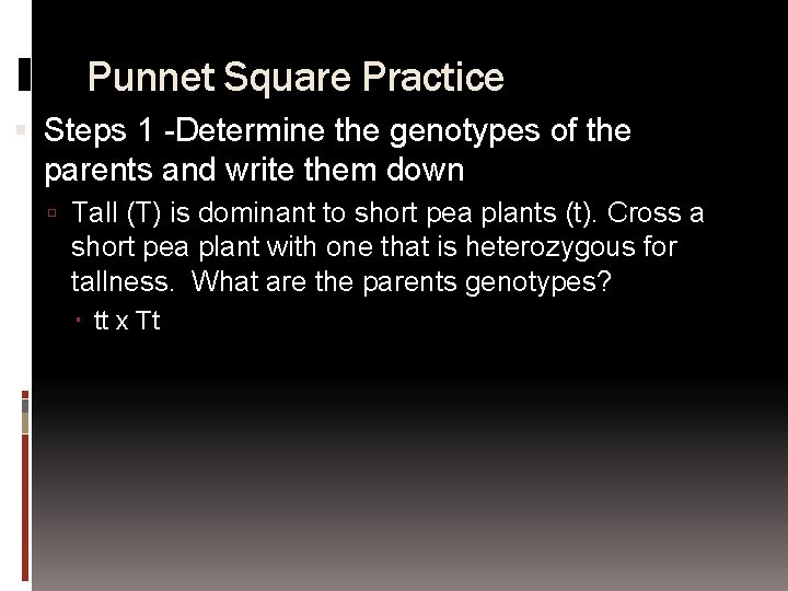 Punnet Square Practice Steps 1 -Determine the genotypes of the parents and write them
