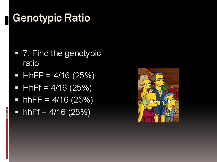 Genotypic Ratio 7. Find the genotypic ratio Hh. FF = 4/16 (25%) Hh. Ff
