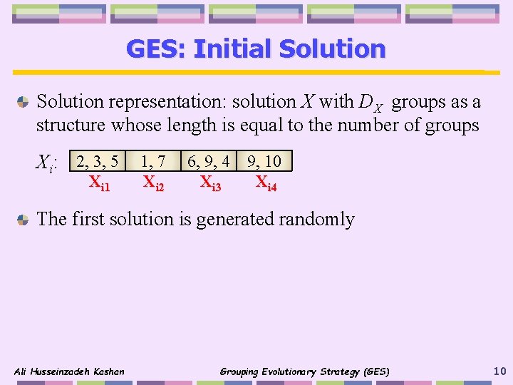 GES: Initial Solution representation: solution X with DX groups as a structure whose length