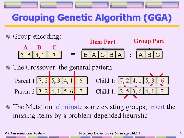 Grouping Genetic Algorithm (GGA) Group encoding: A B 2 , 5 4, 1 C