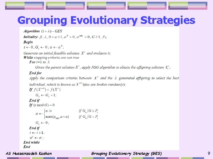 Grouping Evolutionary Strategies Ali Husseinzadeh Kashan Grouping Evolutionary Strategy (GES) 9 