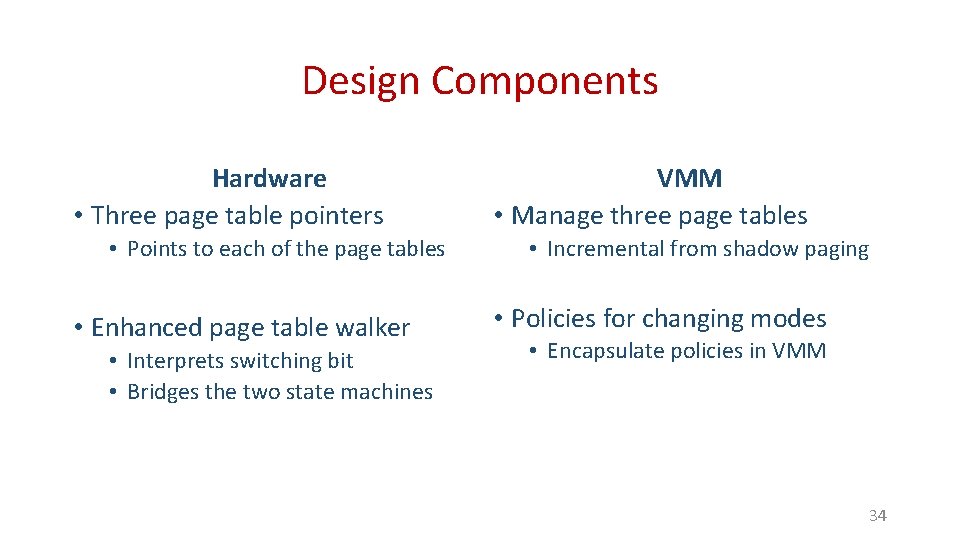 Design Components Hardware • Three page table pointers • Points to each of the