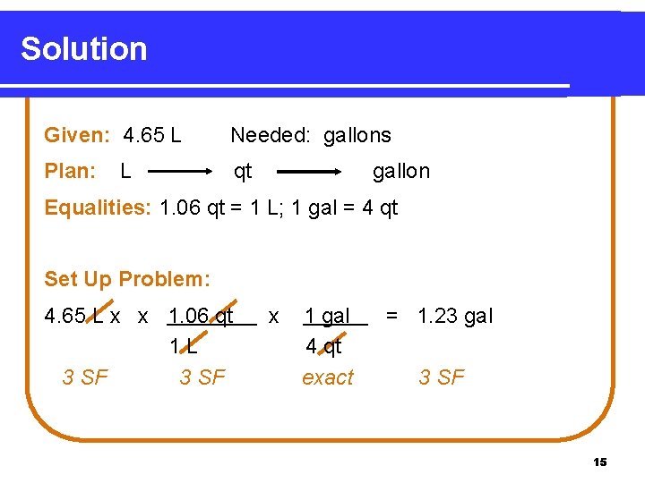 Solution Given: 4. 65 L Needed: gallons Plan: qt L gallon Equalities: 1. 06