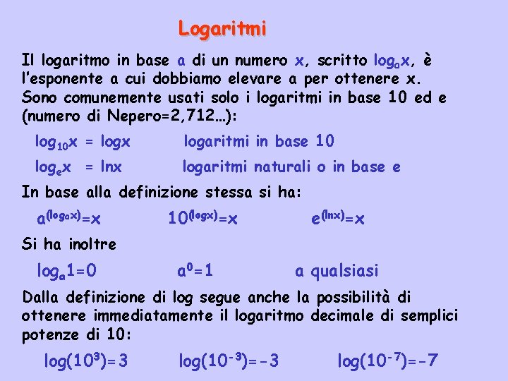 Logaritmi Il logaritmo in base a di un numero x, scritto logax, è l’esponente