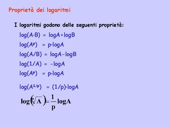 Proprietà dei logaritmi I logaritmi godono delle seguenti proprietà: log(A B) = log. A+log.