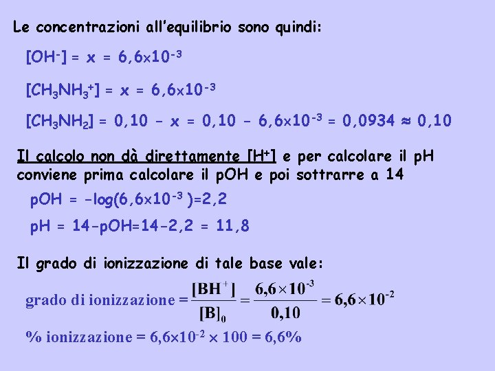 Le concentrazioni all’equilibrio sono quindi: [OH-] = x = 6, 6 10 -3 [CH