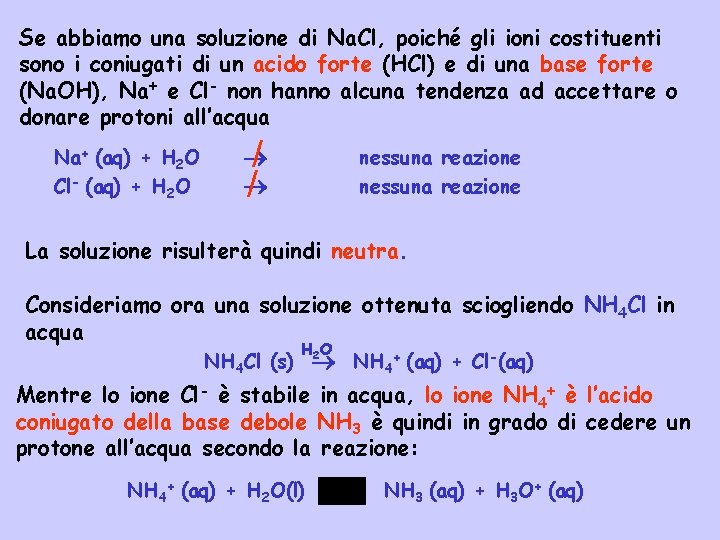 Se abbiamo una soluzione di Na. Cl, poiché gli ioni costituenti sono i coniugati