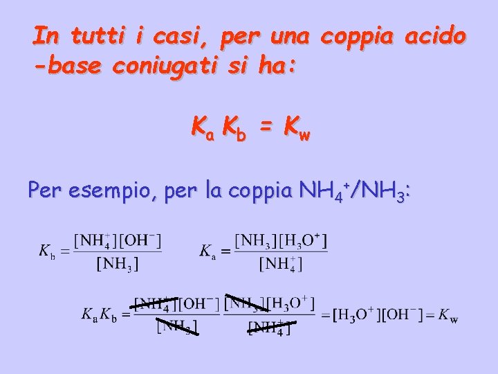 In tutti i casi, per una coppia acido -base coniugati si ha: Ka Kb