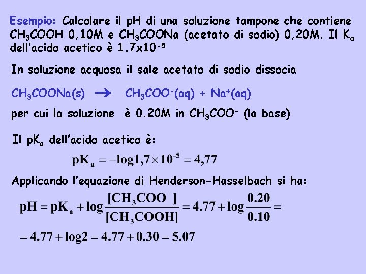 Esempio: Calcolare il p. H di una soluzione tampone che contiene CH 3 COOH