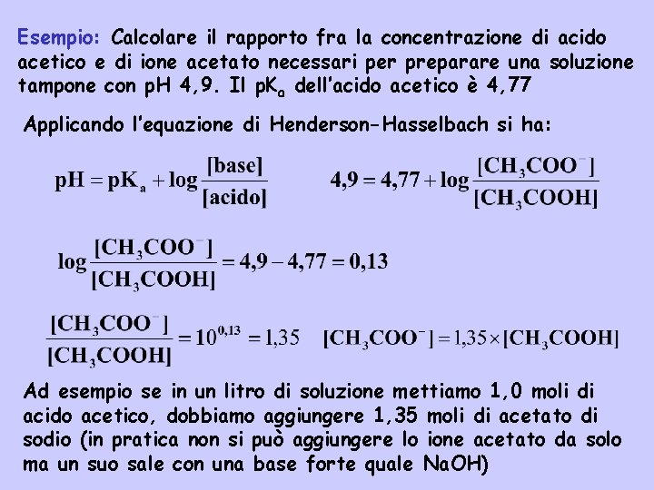 Esempio: Calcolare il rapporto fra la concentrazione di acido acetico e di ione acetato