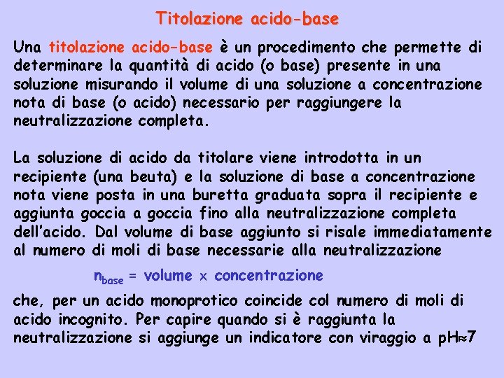 Titolazione acido-base Una titolazione acido-base è un procedimento che permette di determinare la quantità