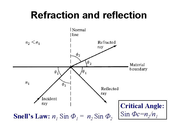 Refraction and reflection Snell’s Law: n 1 Sin Φ 1 = n 2 Sin