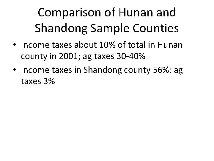 Comparison of Hunan and Shandong Sample Counties • Income taxes about 10% of total Comparison of Hunan and Shandong Sample Counties • Income taxes about 10% of total