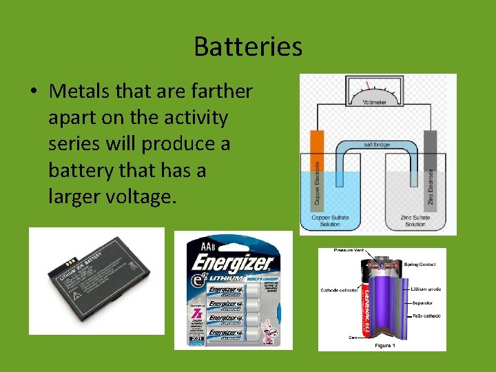 Batteries • Metals that are farther apart on the activity series will produce a