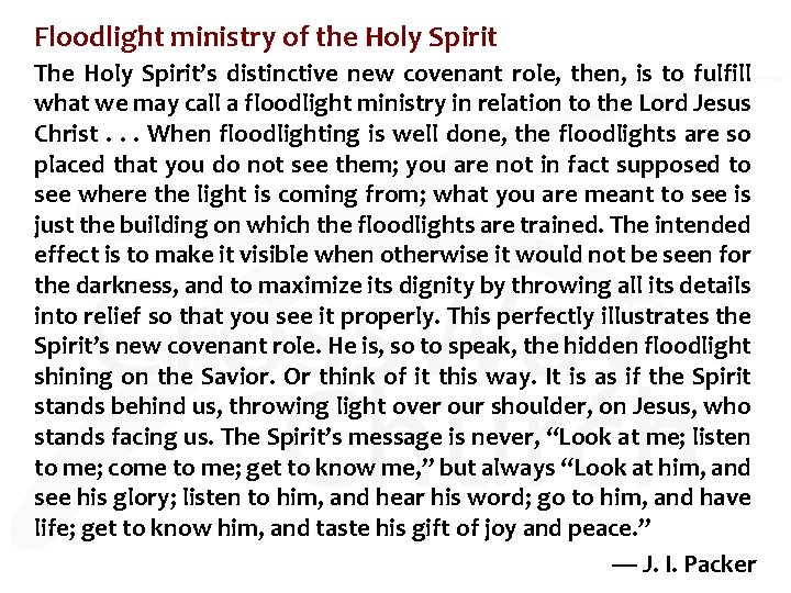 Floodlight ministry of the Holy Spirit The Holy Spirit’s distinctive new covenant role, then,