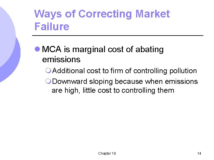 Ways of Correcting Market Failure l MCA is marginal cost of abating emissions m.