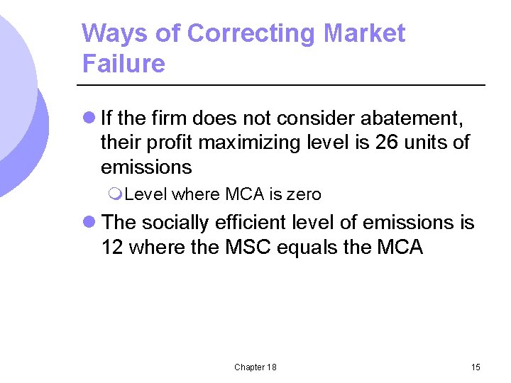 Ways of Correcting Market Failure l If the firm does not consider abatement, their