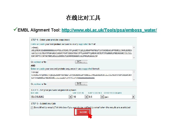 在线比对 具 üEMBL Alignment Tool: http: //www. ebi. ac. uk/Tools/psa/emboss_water/ 